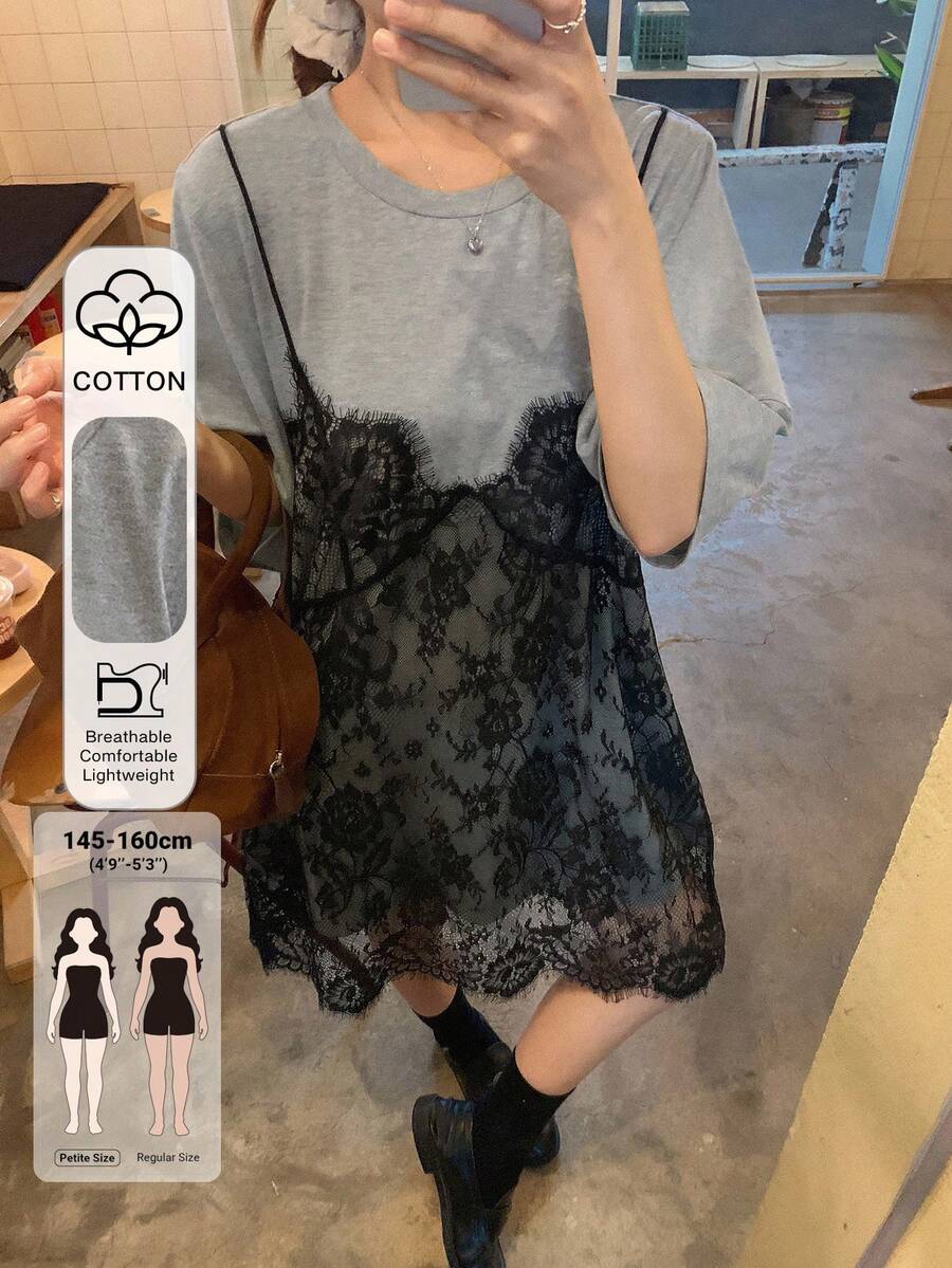 DAZY Women's Lace 2 In 1 Patchwork Casual Daily Mid-Length Dress Summer School - Black - View 1