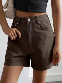 Livesso Petite Short en jean décontracté et polyvalent pour femme, avec poches et boutons, pour l'été - Tabac - Voir 5