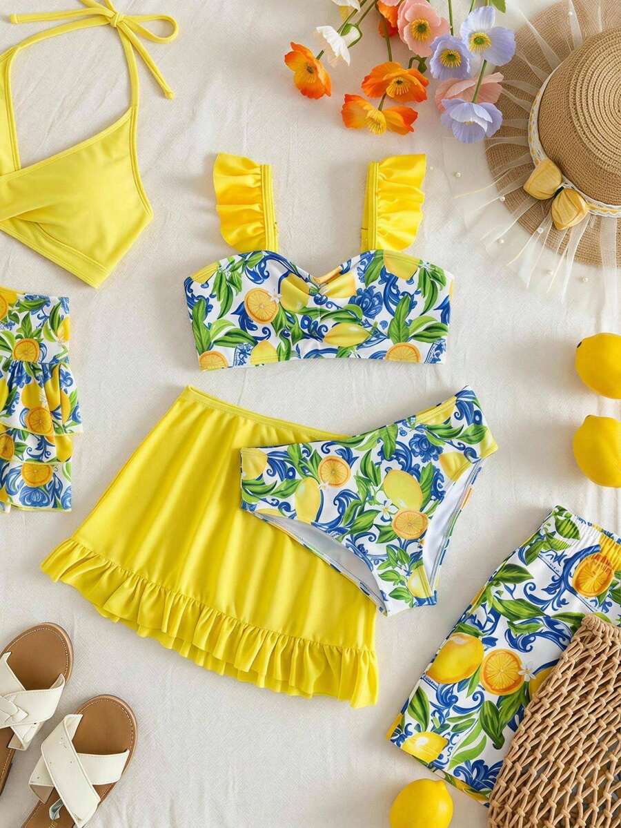 SHEIN Young Girl Lemon Print Ruffled Bikini Set And Cover-Up Skirt, Summer Beach Vacation - Yellow - View 1