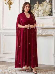 Reflora Plus Size Minimalist Solid Color Spaghetti Strap Dress And Long Shawl 2 Pieces Set - Burgundy - View 6