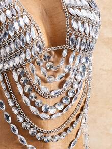 Femesol Women's Rhinestone Decorated Chain Fashion Creative Halter Top - White - View 4
