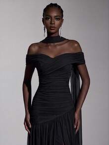 Elitara Elegant Minimalist Chic Off-Shoulder Ruched Asymmetric A-Line High Slit Dress, Suitable For Weddings, Formal Events, Galas, And Cocktail Parties - Black - View 3