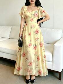 Modelyn 大尺碼木槿花印花洋裝，女款時尚方領荷葉邊飄逸袖設計淺黃色極簡主義長洋裝，夏季收腰長款優雅洋裝，適合夏季度假、日常穿著、海灘度假村 - 彩色 - 查看 3