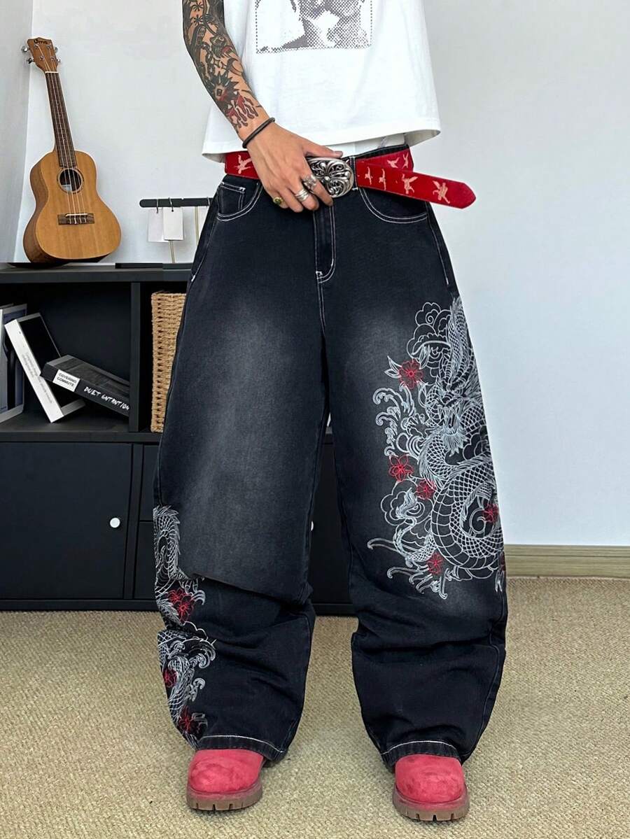 STEELVANCE 男士街頭風復古時尚百搭做舊水洗刺繡寬腿休閒牛仔褲（不含腰帶與配件）