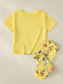 SpongeBob SquarePants | SHEIN Baby Boy Cartoon Print Crew Neck T-Shirt And Long Pants Set - Yellow - View 2