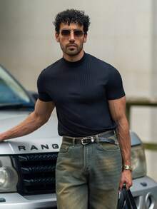 YOUESAWY YOUESAWY Camiseta de punto de manga corta con cuello alto de unicolor para hombres, ideal para el verano - Negro - Ver 1