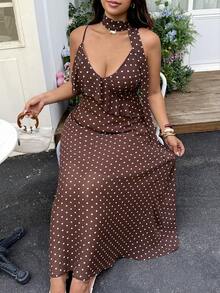 GalTyme Plus Size Women's Polka Dot Patchwork Ruffle Hem Fashion Cami Dress - Brown - View 5