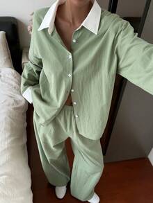 DAZY Conjunto de Roupa de Descanso Feminino com Top de Manga Longa de Abotoamento Único e Calça em Cores Contrastantes para o Outono - Verde - Visão 11