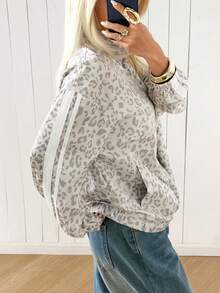 SHEIN EZwear 女款豹紋長袖前拉鍊休閒夾克 - 灰色 - 查看 3