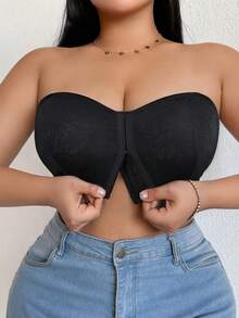 Crystal Vow 1pc Front Closure Strapless Bandeau Bra, Anti-Slip Anti-Slip-Off Anti-Exposure, Summer, With Free Regular Shoulder Strap - Black - View 5