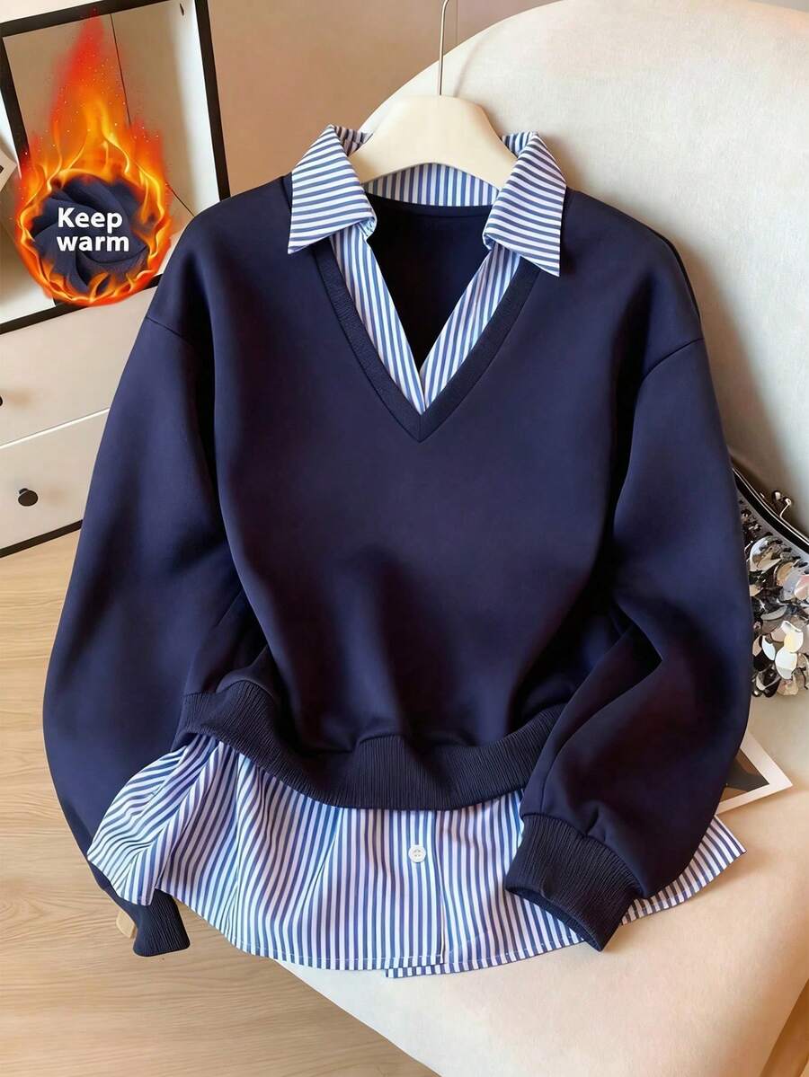 Franclia Plus Size Striped Patchwork 2 In 1 Sweatshirt - Navy Blue - View 1