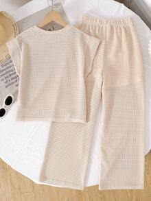SHEIN 青少年女孩純色圓領短袖T恤與長褲休閒套裝 - 卡其色 - 查看 4