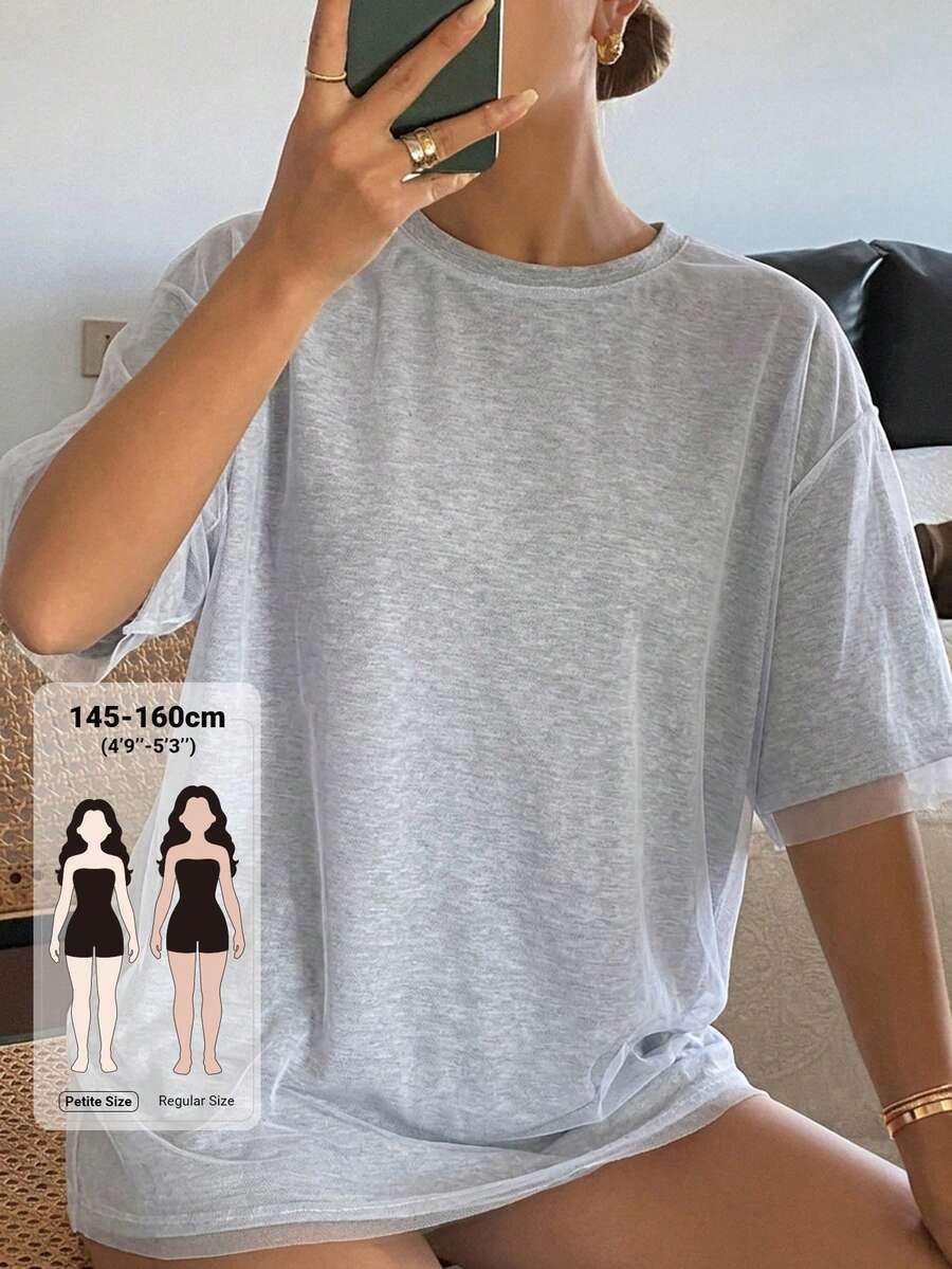 DAZY 女款夏季休閒網布拼接T恤,日常旅行穿著,淺藍色 - 灰色 - 查看 1