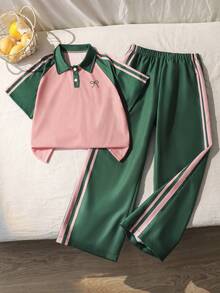 SHEIN 青少年女孩運動風拼色圓領短袖T恤與配套短褲套裝 返校季 - 綠色 - 查看 3