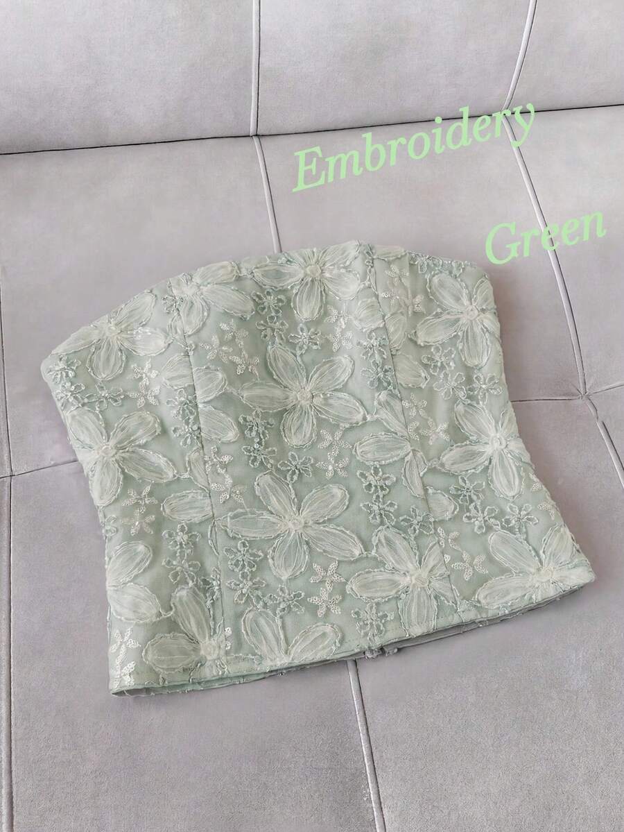 Franclia 女款優雅刺繡串珠平肩粉色上衣 - 綠色 - 查看 1