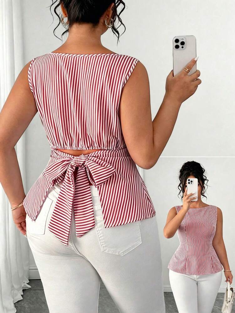 Elenzga Women's Plus Size Sleeveless Striped Ruched Waist Blouse - Red - View 1
