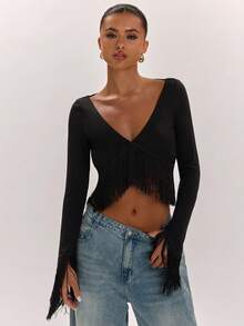 SHEIN BAE Top corto sexy de moda para mujer estilo francés con flecos en el bajo - Negro - Ver 7