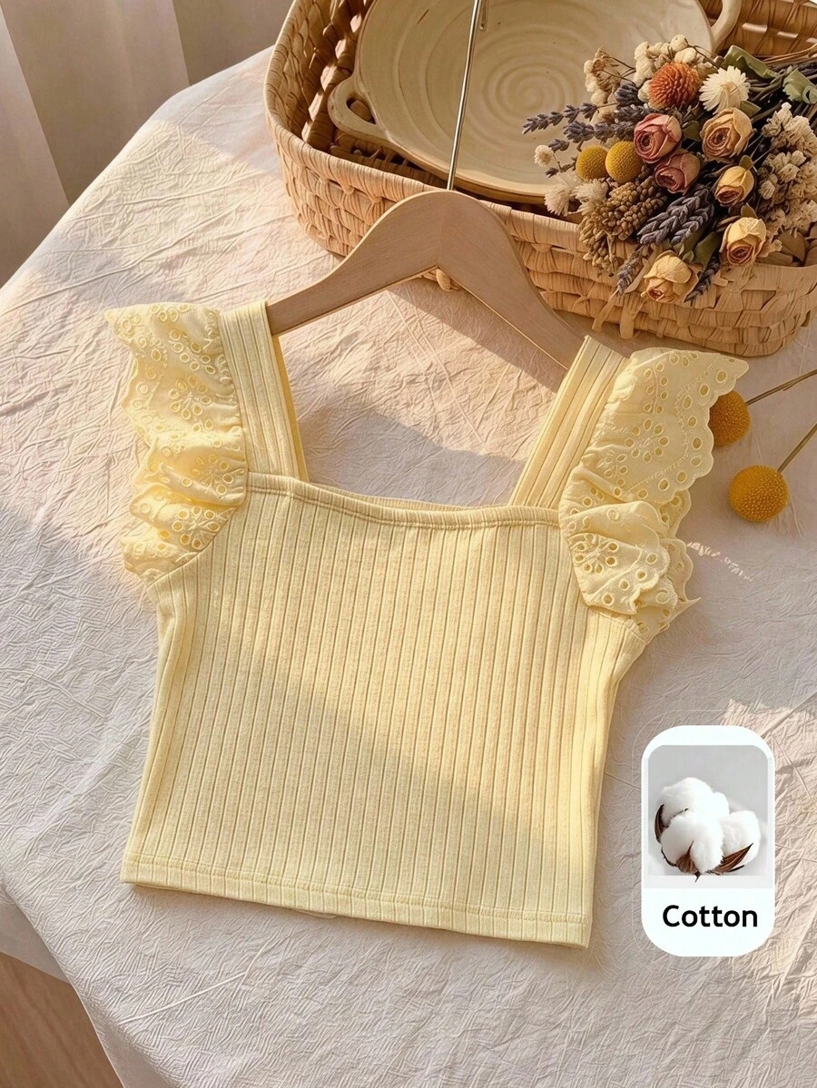 SHEIN 少女夏季休閒鏤空刺繡拼接T恤 - 黃色 - 查看 1
