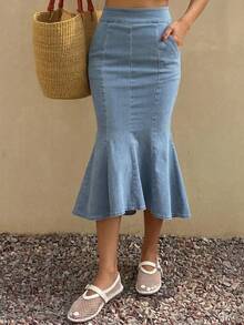 Wynsel Asymmetrical Hem Distressed Denim Bodycon Skirt For Women,Ruffle,Back To School Clothes Jeans Skirt - Medium Wash - View 17