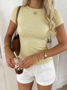 CovetEZ Casual Minimalist Style Light Cream Yellow Background Brown Polka Dot All-Over Print Women's Casual T-Shirt Suitable For Spring/Summer Versatile Style - Multicolor - View 5