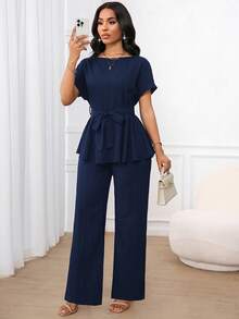 SHEIN Lady 女款純色圓領短袖上衣與長褲休閒兩件套 - 藏蓝色 - 查看 7