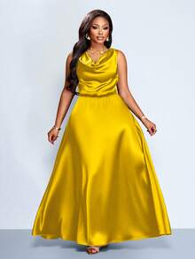 SOLERSUN Vestido de fiesta elegante para mujer de talla grande, adecuado para ocasiones importantes como fiestas de cumpleaños, temporada de graduación, té de la tarde, Acción de Gracias y temporada de bodas. Incluye escote drapeado, diseño sin mangas, cintura alta, silueta en A y largo extra largo. Hecho de material de satén/similar a la seda, perfecto para el verano. - Mostaza Amarilla - Ver 1