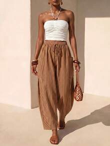 Zivah Women's Summer Brown Striped Boho Vacation Holiday Linen Fabric Loose Harem Lantern Long Pant With Side Pockets,Casual Nomadic Beach Party Outfits - Rust Brown - View 6