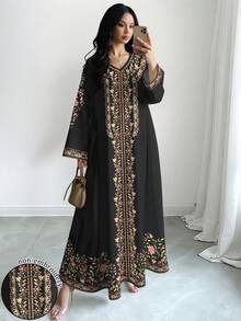 SHEIN Najma 女士花卉植物数码印花V领长袖优雅阿拉伯风格连衣裙，春秋季 - 彩色 - 查看 1