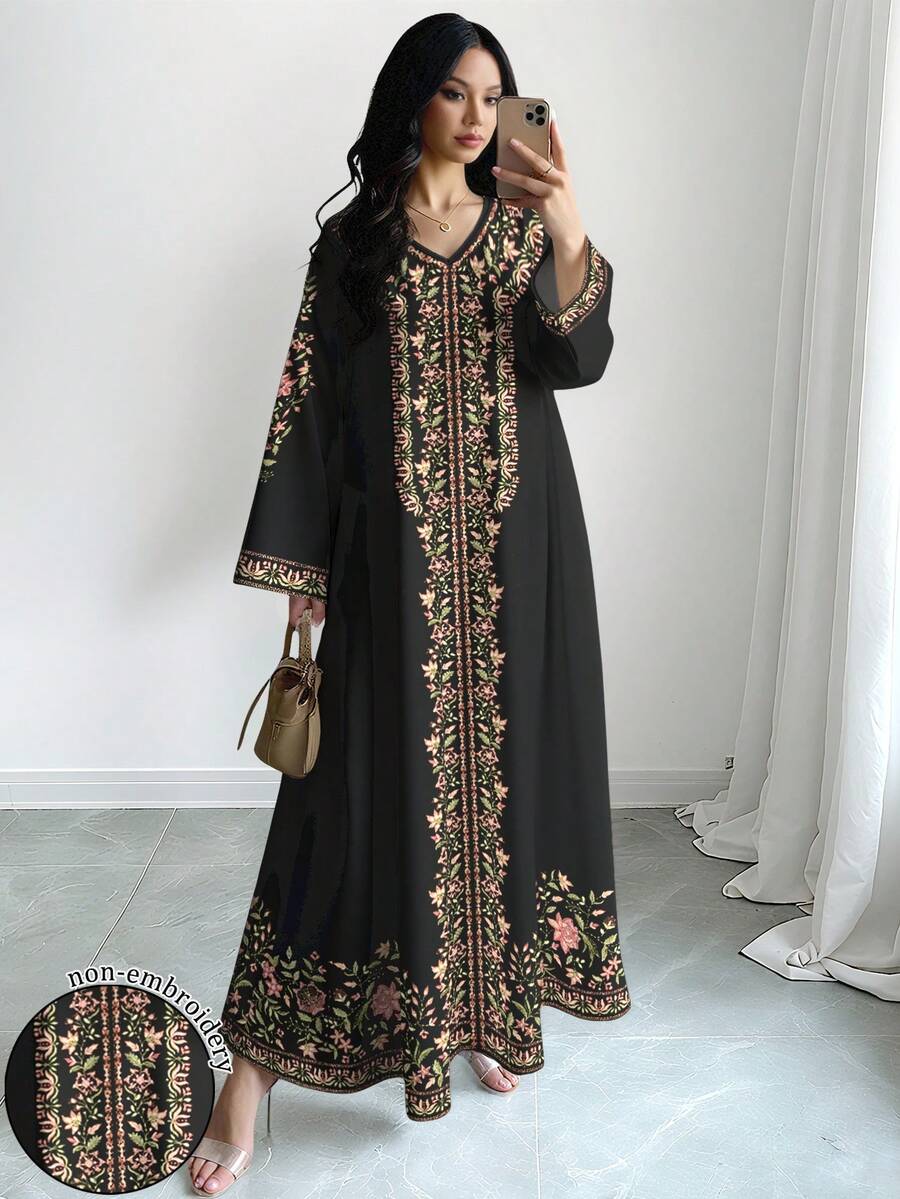 SHEIN Najma 女士花卉植物数码印花V领长袖优雅阿拉伯风格连衣裙,春秋季 - 彩色 - 查看 1