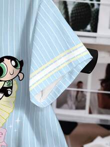 THE POWERPUFF GIRLS X SHEIN 女款夏季休閒條紋卡通印花T恤 - 白色 - 查看 8