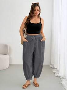 Shapeblank Pantalones de talla grande casuales versátiles de unicolor con doble bolsillo - Gris - Ver 7