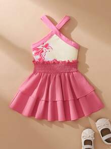 SHEIN Elladie kids 2件組青少年女孩掛脖背心上衣，開學季 7歲生日/1歲生日款，領口花卉印花羅紋針織，純色荷葉邊套裝，幼兒房風紫色，秋季 - 粉色 - 查看 3