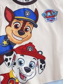 SHEIN | PAW Patrol 小男孩卡通印花圓領短袖T恤與格紋短褲居家休閒套裝 - 杏色 - 查看 4