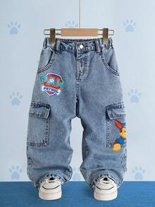 SHEIN | PAW Patrol Young Boy Cute Cartoon Print Pocket Loose Fit Denim Jeans - Baby Blue - View 1