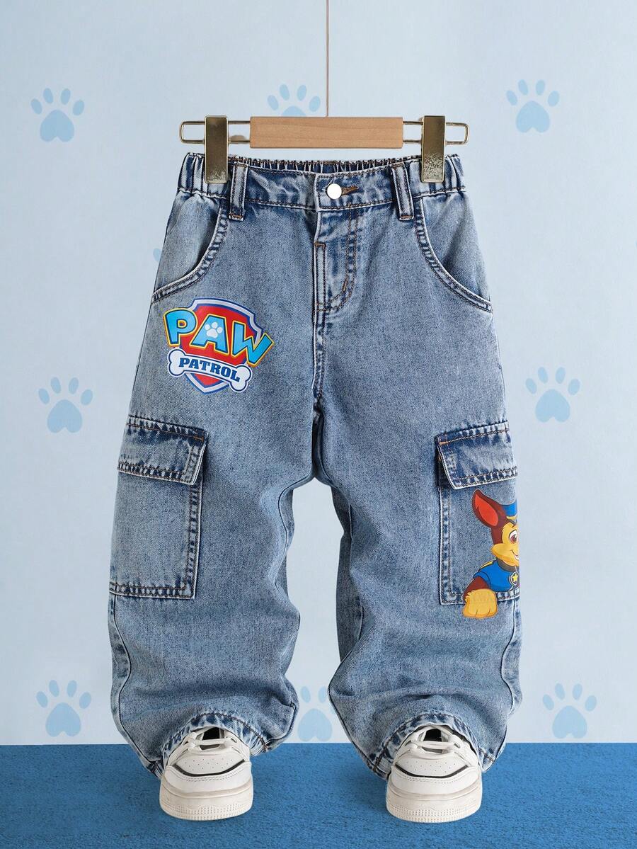SHEIN | PAW Patrol Young Boy Cute Cartoon Print Pocket Loose Fit Denim Jeans - Baby Blue - View 1