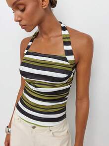 Maija Women's Black And White Striped Checkered Slim Fit Casual Tropical Coastal Sexy European Halter Neck Tank Top Going Out Vacation Beach Summer - Green - View 8