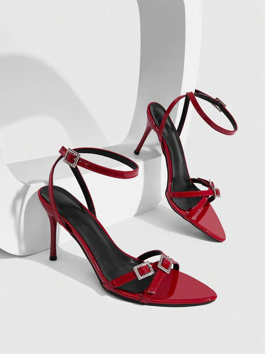 CUCCOO SZL Multi-Color Patent Leather Stiletto Sandals Rhinestone Square Buckle Pointed Shoes Sexy Dating - Red - View 1