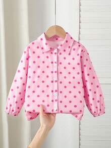 SHEIN Vintaside Kids 女童粉色波點翻領七分袖上衣，背後大蝴蝶結設計，長袖鈕扣開襟，秋季度假上衣 - 粉色 - 查看 2