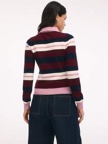 Nöista Striped Knit Cardigan With Collar And Button Front. Fall, Back To School And Everyday Style. - Burgundy - View 2