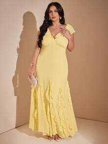 SHEIN BAE CURVE 大尺碼女款黃色荷葉邊浪漫長洋裝 - 黃色 - 查看 4