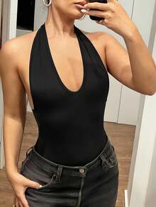SHEIN ICON 性感 Y2K 街頭風深 V 領金屬感連身衣 純黑色 - 黑色 - 查看 3