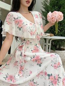 Celisse Spring/Summer New Women's Long Dress, Rose Floral Print V-Neck Shawl Collar Ruffle Sleeve Tie Cinched Waist Cinched Full Skirt Mid-Length Chiffon Dress, Summer Women's Dress - Multicolor - View 6