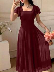 Modelyn Vestido de diseñador para mujer con cuello cuadrado, abertura y triángulo, de largo medio - Burdeos - Ver 4