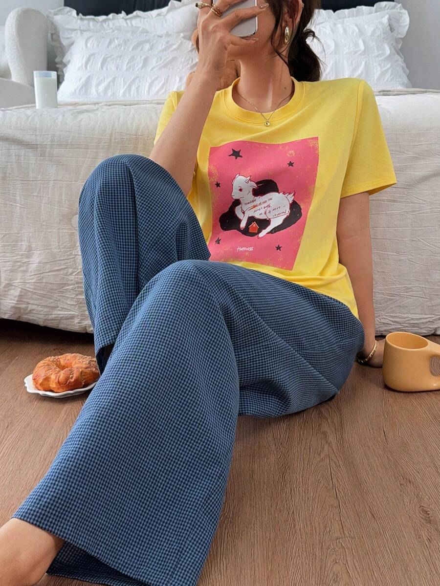 DAZY Women's Cartoon Print Top & Plaid Pants Pajama Set Summer - Yellow - View 1