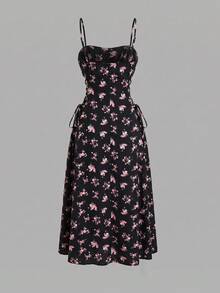 Skyraze Women Bowknot Strap Floral Print Long Dress For Summer,Graduation Dress,Modest Dresses For Women - Black - View 2