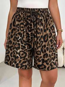 Shapeblank Plus Size Women's Loose Leopard Print Fabric Shorts, Casual Vacation Style, Suitable For Summer - Coffee Brown - View 5