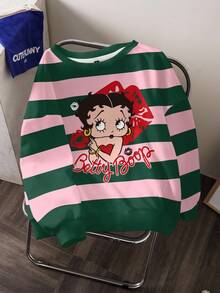 Betty Boop x SHEIN 大尺碼女款秋冬休閒時尚日常通勤卡通角色紅唇字母對比色條紋印花落肩寬鬆抓絨內裡保暖衛衣 - 白色 - 查看 3