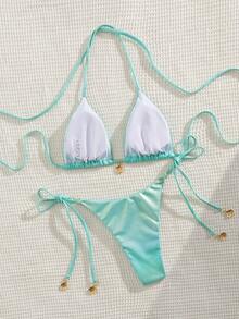 SHEIN Swim مجموعة بيكيني بتصميم نجم البحر & الصدفة، حمالة علوية بربطة مثلثية، سروال سفلي بربطة مثلثية بخصر عالي، ملابس سباحة شاطئية، إكسسوارات عشوائية - الأزرق - مشاهدة 2