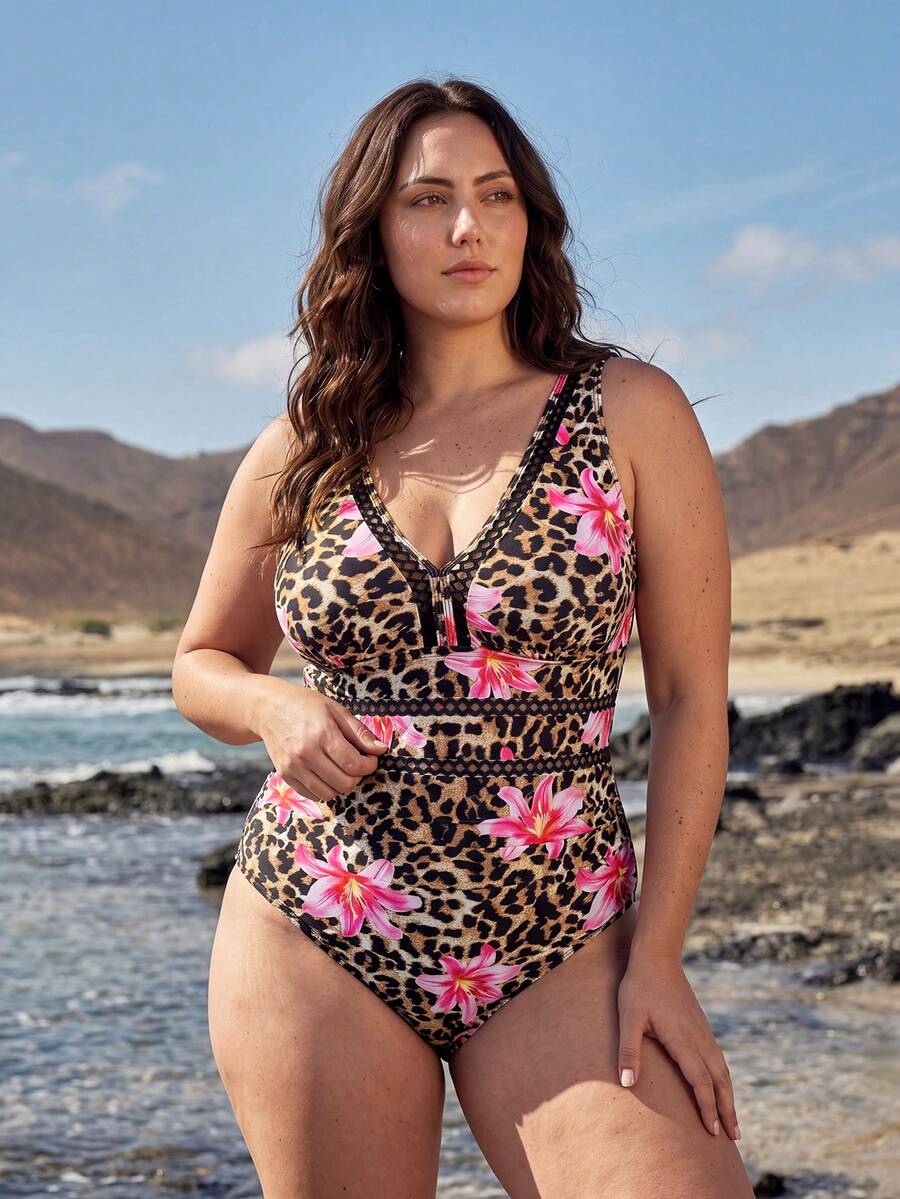 Swim Lushoire Plus Size Women's One-Piece Leopard Print Cut-Out Chest Webbing Waist Ruched Vacation Swimsuit Beige Summer - Multicolor - View 1