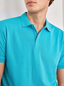 Officeau Men's Summer Lightweight Fabric Polo Shirt Slim Fit Short Sleeve Solid Color Collar Top, Suitable For Daily, Commute, Office, Light Sports - Mint Blue - View 9